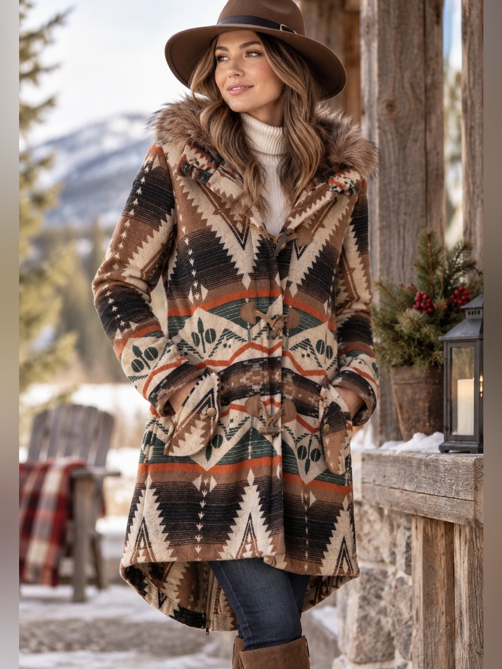BB Dakota Koa Southwest Print Faux Fur Hood Toggle High-Low Coat Boho